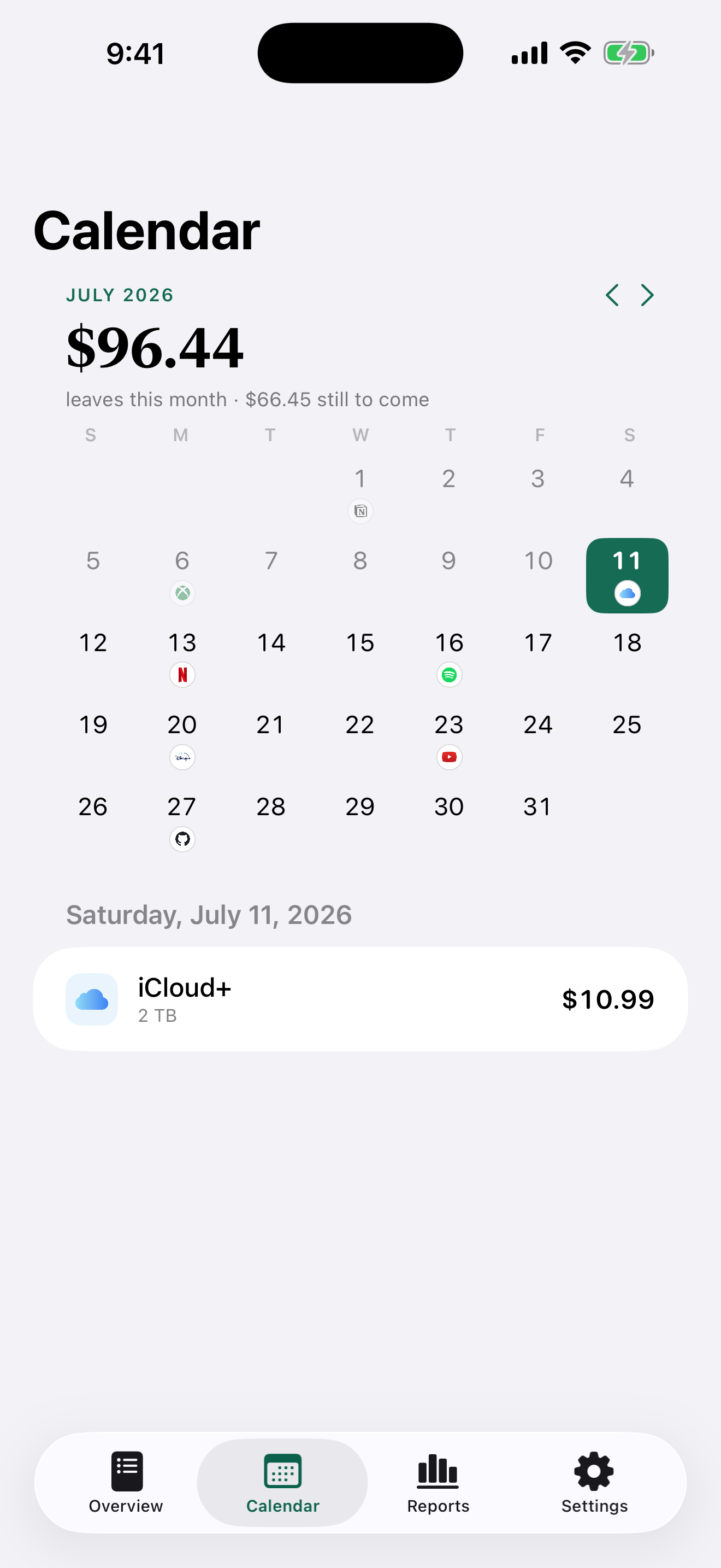 Recur's calendar with brand marks on renewal days