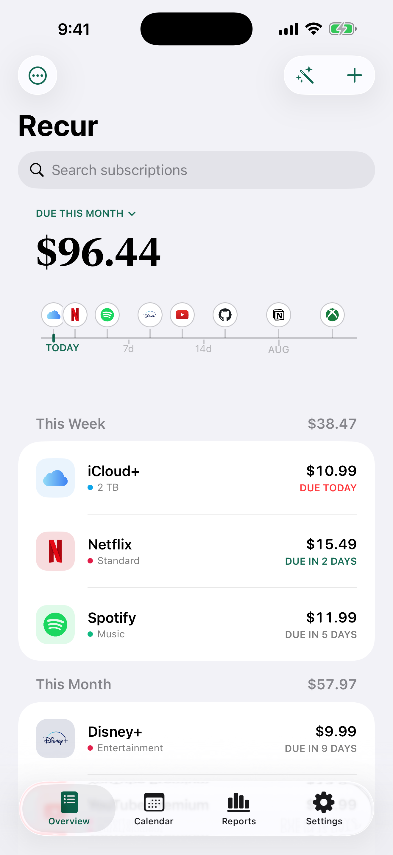 Recur's overview: the month's total in a serif numeral, a timeline of upcoming renewals, and the subscription list