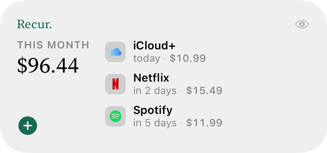Recur's medium widget: month total and the next three renewals